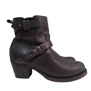 Rag & Bone Harper Moto Boots Dark Brown Leather Comfy Stacked Heels Size 38.5